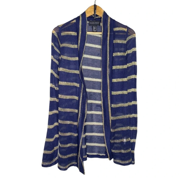 Frank Lyman Design Navy Blue Gold Striped Open Knit Cardigan Women's Size 12 - Picture 7 of 7